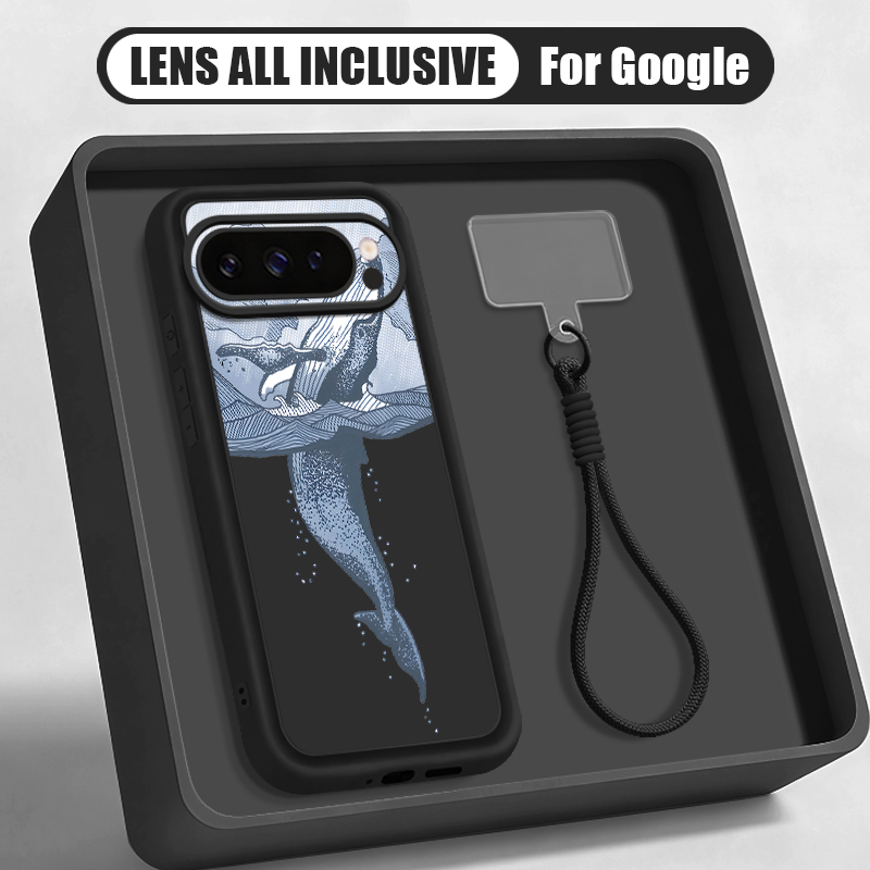 Google Pixel 9 - Чехол-ремешок с принтом китов-горбатиков для Google